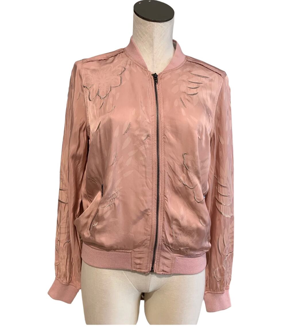 blanknyc women silky embroidered bomber jacket pink sz small full zipper